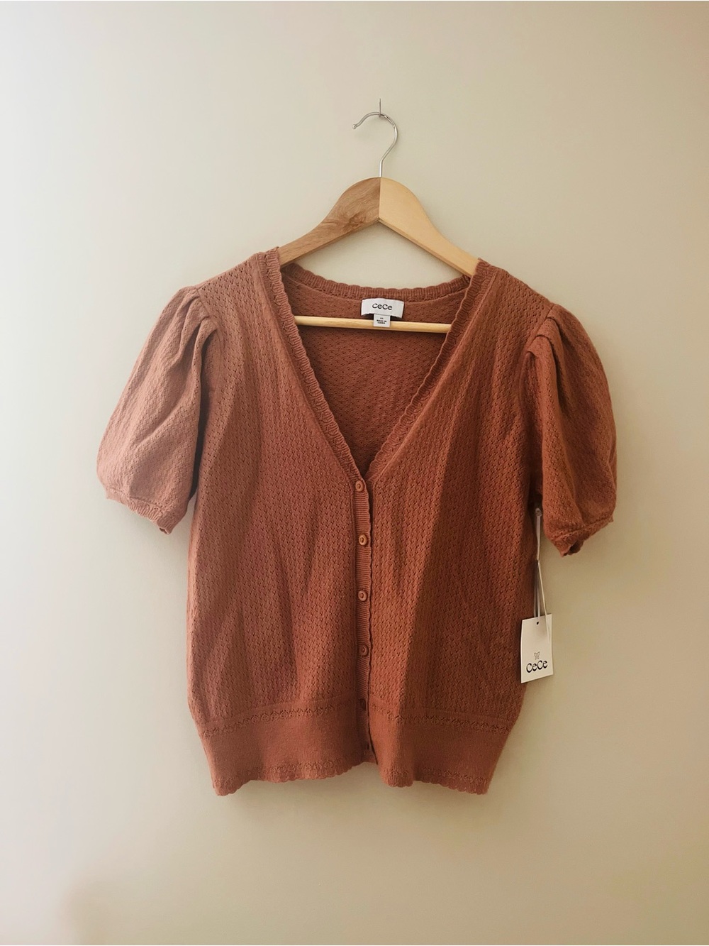 Rust Puff-Sleeve V-Neck Button-Front Sweater